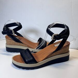 SEE BY CHLOE Robin Wedge Wood Leather Sandals Size 40 US 9.5 Black Ankle Straps
